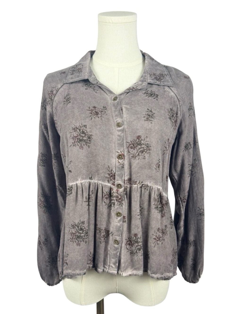 Lucky Brand Floral Gray 100% Viscose Button-Front Peplum Top XS - Picture 3 of 7